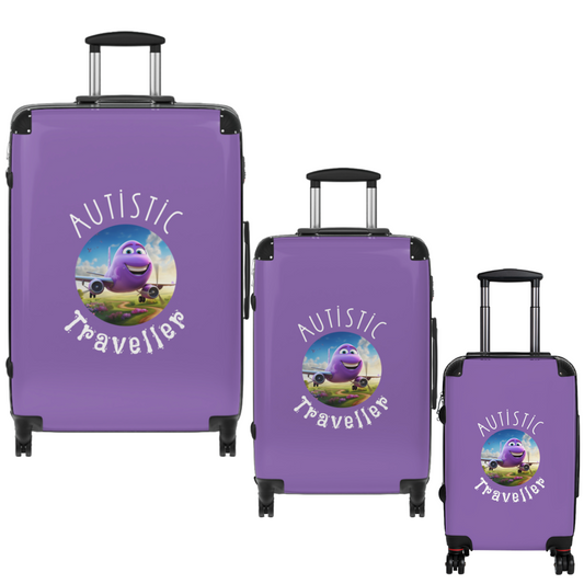 AUTISTIC TRAVELLER SUITCASE, SM MED LGE, Purple Happy Plane, Journey with Awareness