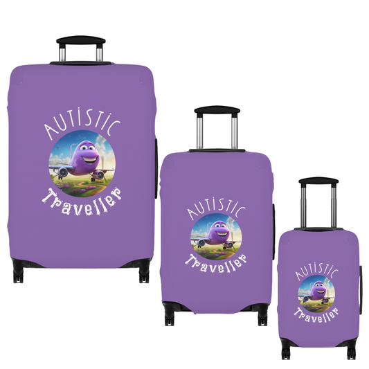 AUTISTIC TRAVELLER SUITCASE COVERS, SM MED LGE, Purple Happy Plane, Journey with Awareness, Autistic Travel Accessories