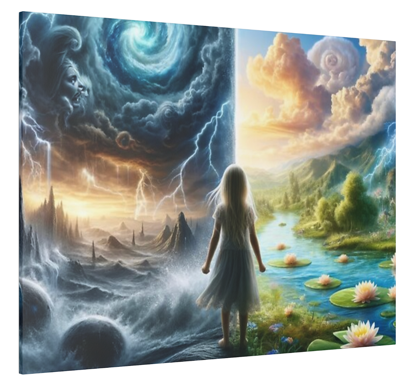 Introducing "A Cosmic Dreamscape" - an enchanting canvas print that encapsulates the profound dance between the universe's majesty and the inner tranquility of an autistic girl's nature. Gaze upon a scene where a serene valley meets a whirlwind galaxy, each stroke and shade telling a story of wonder and neurodiverse perception.